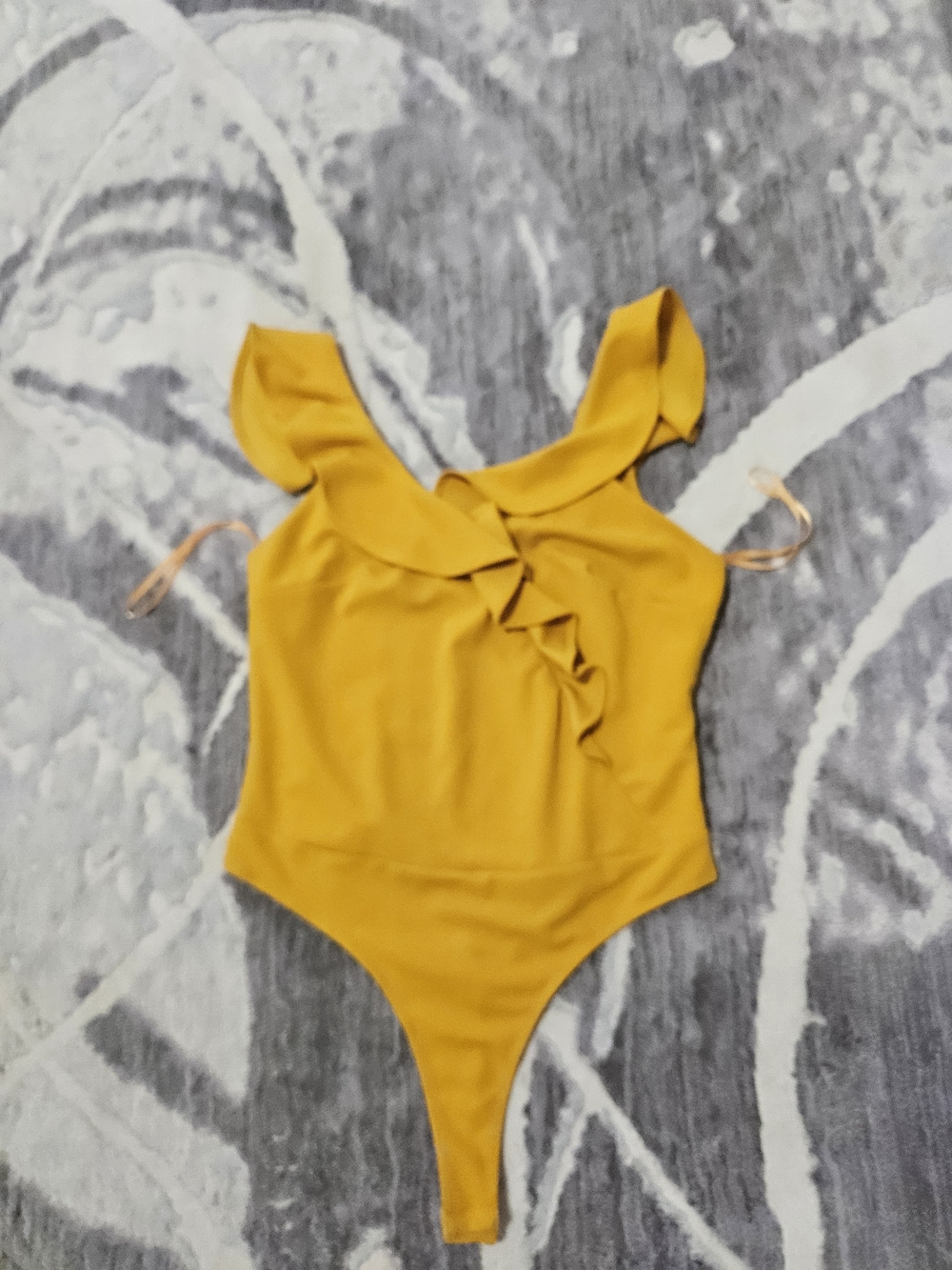 Women Ruffle Front One-Piece Bodysuit in Mustard Yellow Size XL